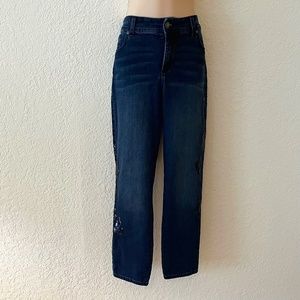 Chico’s So Slimming Dark Denim/Light Shading Ankle Jeans Blue/Black Bling Legs 8